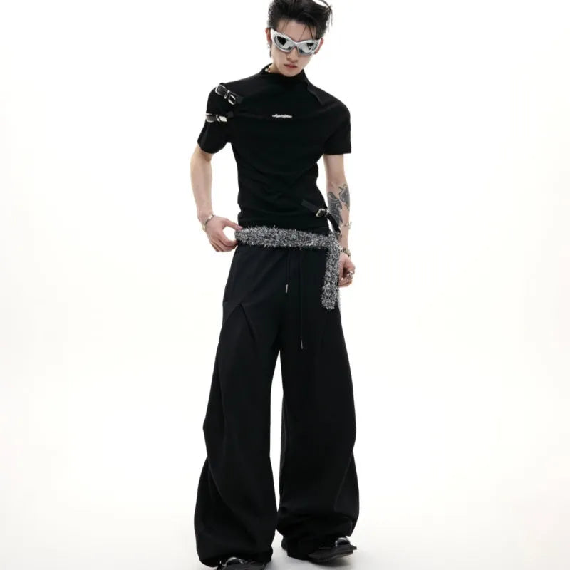 Men's black slim fit cotton T-shirt with stand-up collar and metal belt design detail