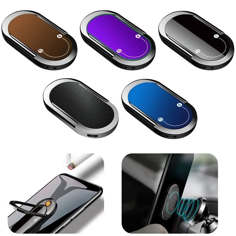 2 in 1 USB plasma lighter and phone holder in aluminium alloy, black ice, with ring buckle and 3M tape