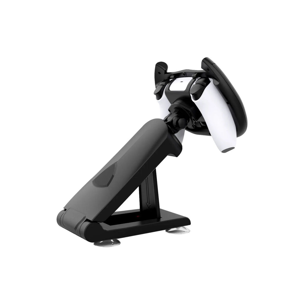 Black ABS plastic steering wheel bracket with suction cup for mounting a mobile gamepad controller.