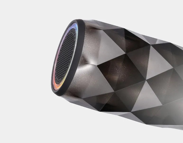 Black crystal diamond-cut Coke can shaped Bluetooth speaker and lantern with colourful LED lights.
