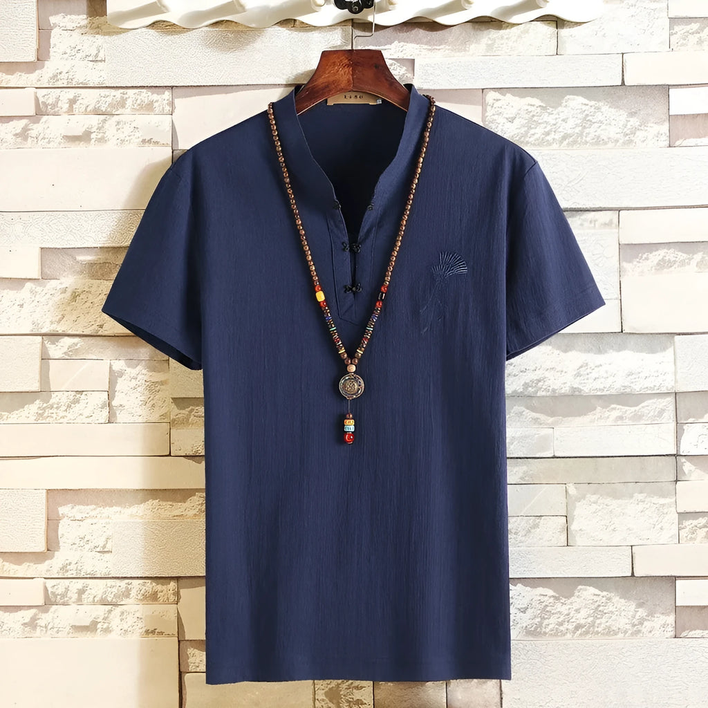 Men's Chinese style short-sleeved T-shirt with embroidery and retro buckle, cotton linen, khaki black grey