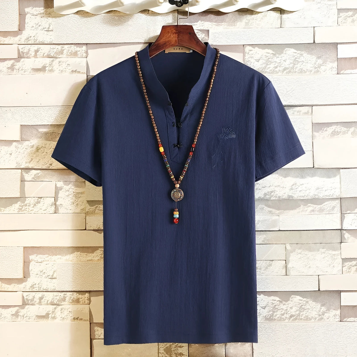 Men's Chinese style short-sleeved T-shirt with embroidery and retro buckle, cotton linen, khaki black grey