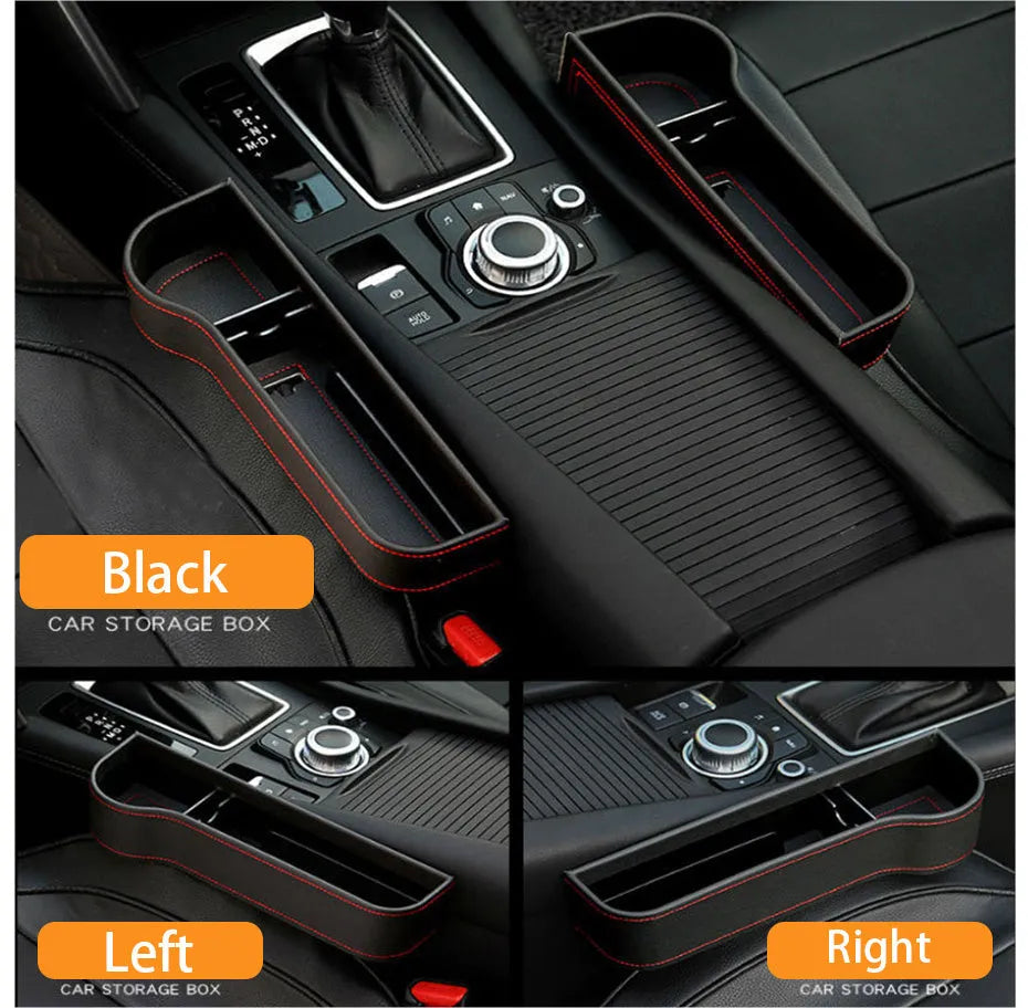 Car storage box in leather and plastic, shown in beige, black, brown, or red with left, right, or one pair options