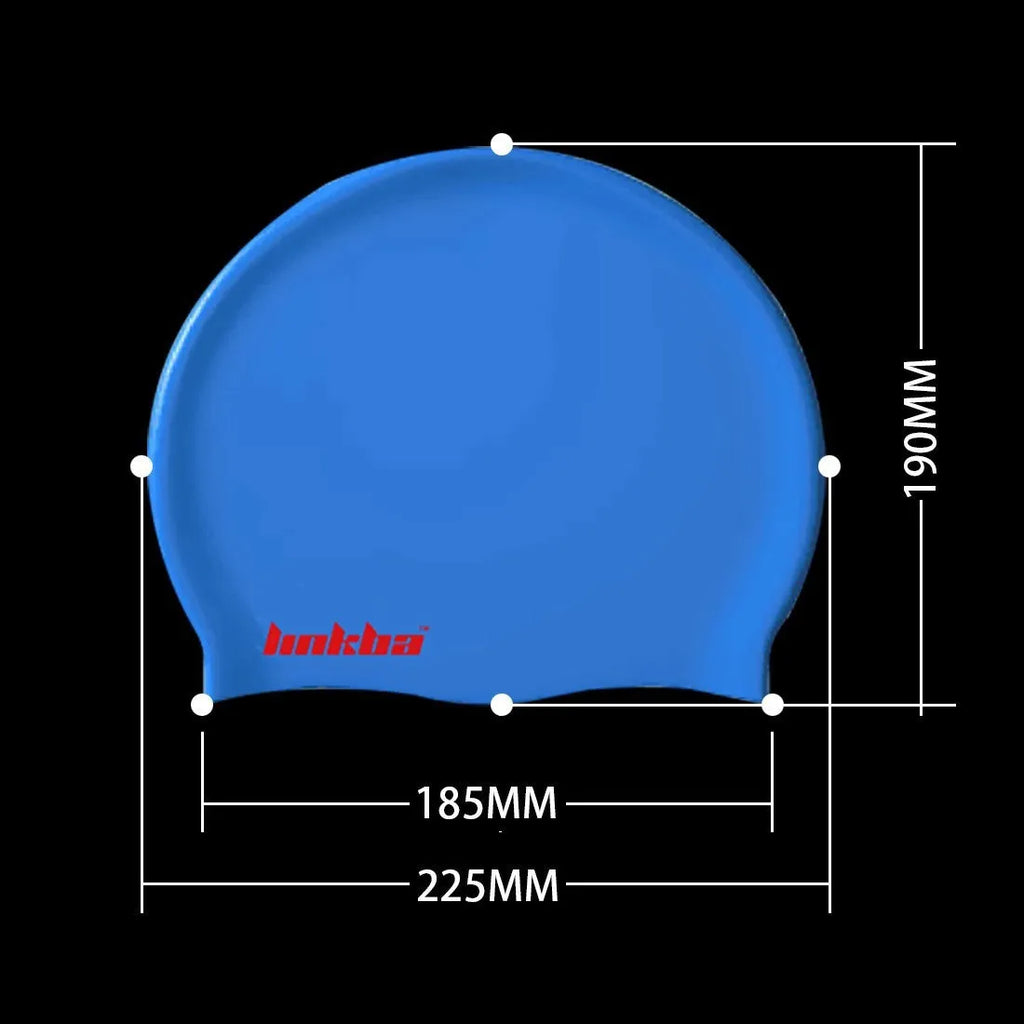 Silicone swimming cap with waterproof earmuffs and a letter pattern, shown in five colour options.