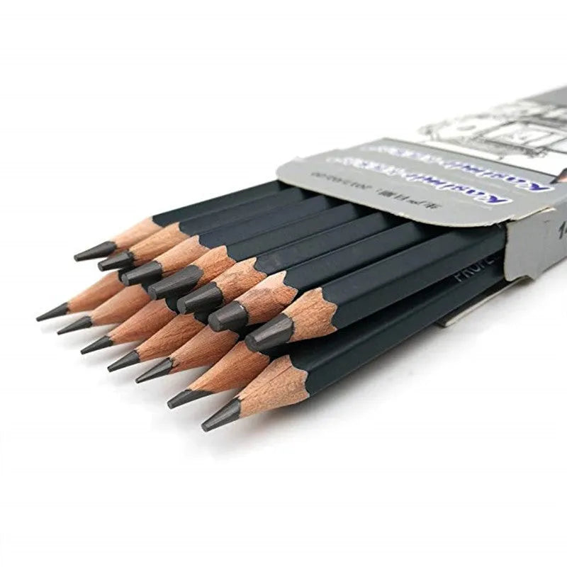 Boxed set of fourteen black sketching pencils ranging from 6H to 12B, each 18 cm long