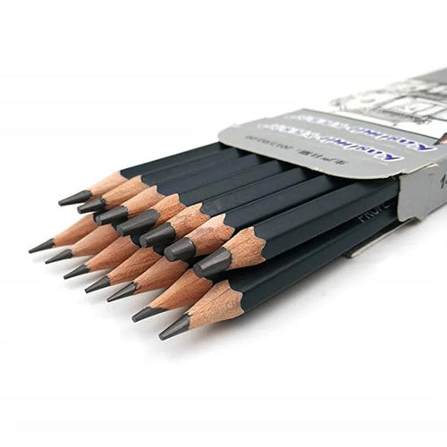 Boxed set of fourteen black sketching pencils ranging from 6H to 12B, each 18 cm long