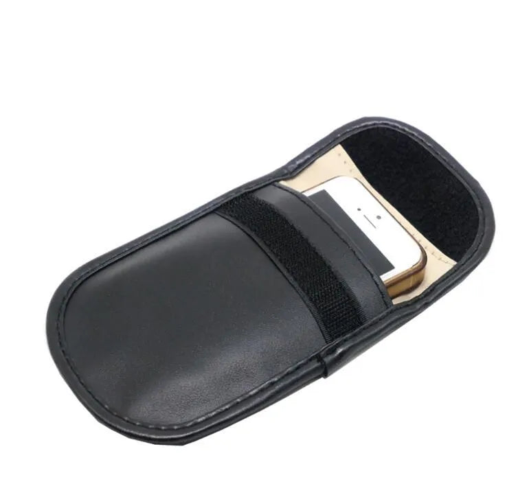 Black microfibre faraday cage bag for blocking car key, phone and RFID card signals.