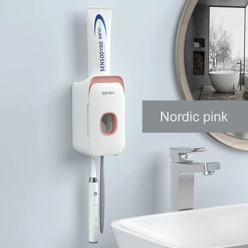 Automatic toothpaste dispenser in blue colour mounted on bathroom wall