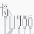 Three-in-one phone charging cable showing Micro USB, USB-C, and Lightning connectors on a 1.2m cable