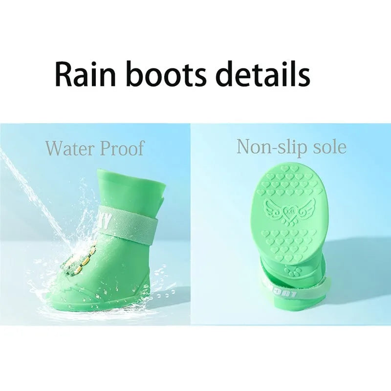 Waterproof anti-slip rubber pet rain boots in blue, green, pink, yellow, 4-pack, sizes L-5XL