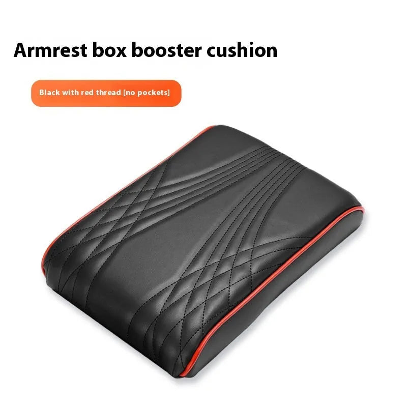 PU leather car armrest cover with heightening insole, black stripes, with pocket, on vehicle seat