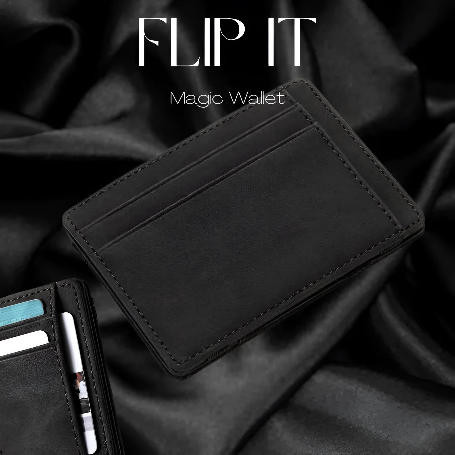 Solid colour PU magic wallet open, showing flip card holder and zippered coin purse in light grey.