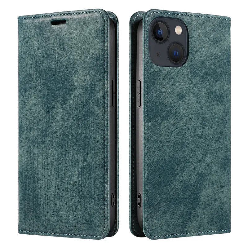 Magnetic flip leather phone case for iPhone in black, showing closed cover with magnetic clasp.