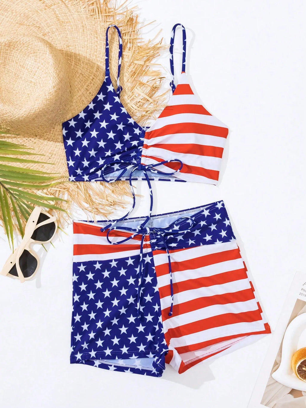 Women's high waist boxer swimsuit with drawstring in stars and stripes pattern