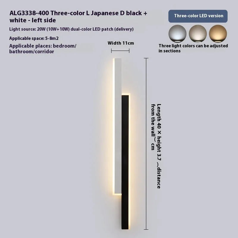 Modern black and white strip wall lamp with acrylic shade and three-colour LED lighting