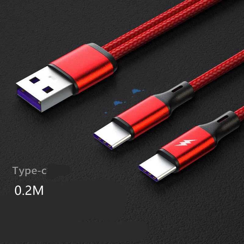 Black and red braided nylon charging cable with two Android-style connectors for simultaneous device charging.