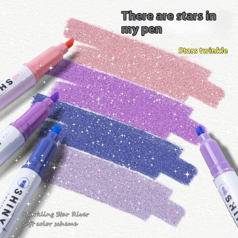 Set of four pastel glitter highlighter pens with slanted tips next to their coloured box.