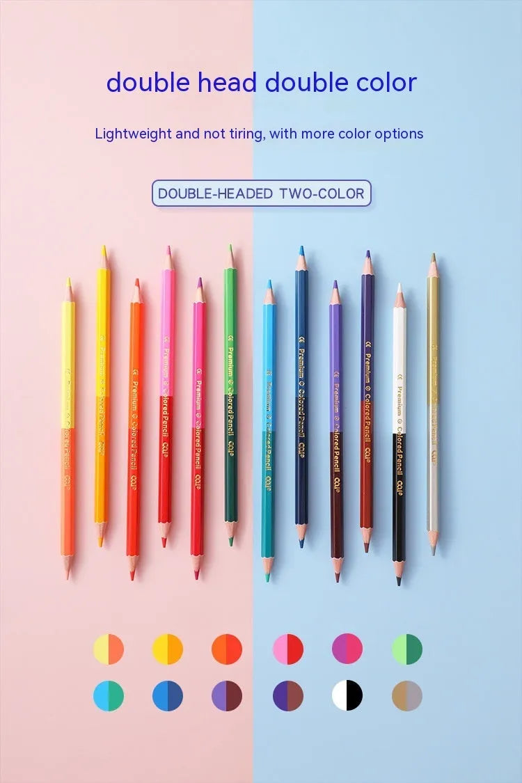Set of wooden double-tipped colouring pencils in a case, showing the two colour leads on each pencil.