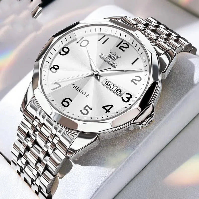 Men's digital calendar quartz watch with luminous hands and stainless steel band, round dial, available in all black