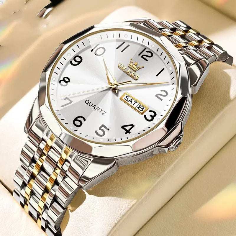 Men's digital calendar quartz watch with luminous hands and stainless steel band, round dial, available in all black