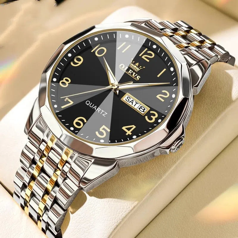 Men's digital calendar quartz watch with luminous hands and stainless steel band, round dial, available in all black