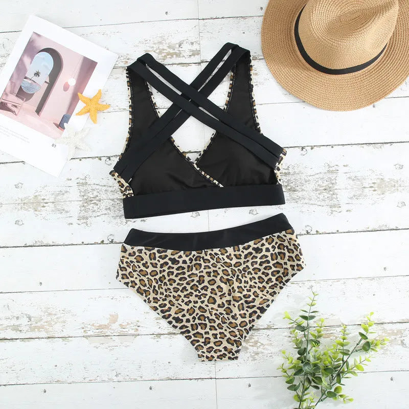 Women's leopard print bikini set with V-neck top and split briefs on a white background.