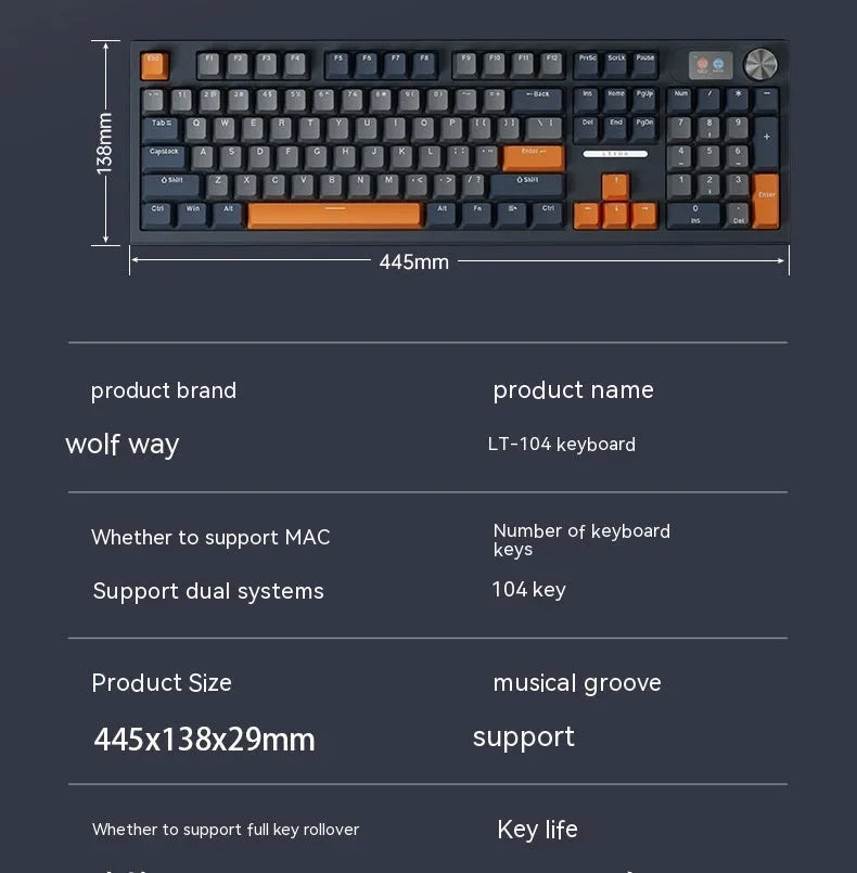 Bluetooth wireless three-mode mechanical keyboard ABS 445x138x29mm with Type-C cable and packing box