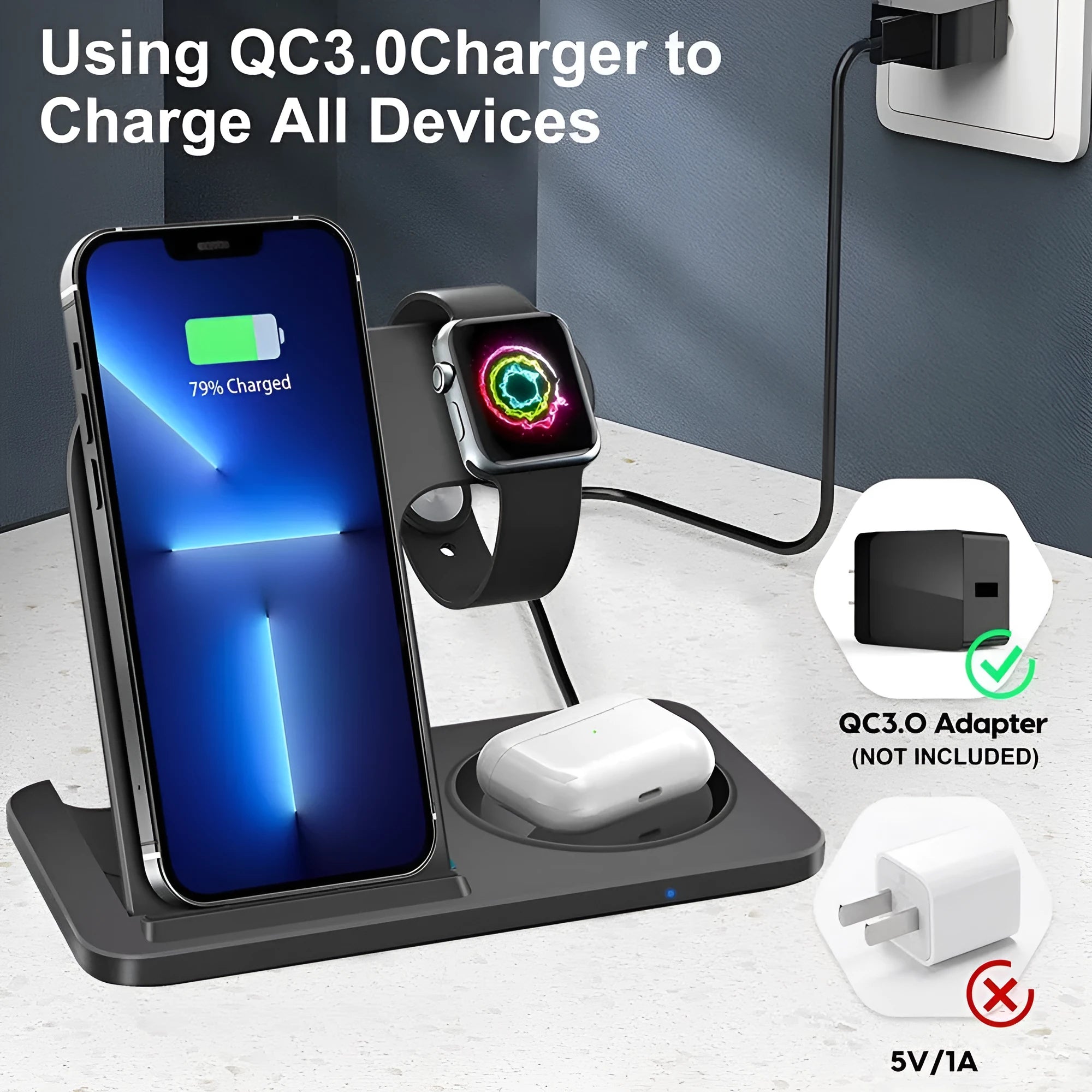 Foldable 15W three in one Qi wireless charger for mobile phone watch and earphones in black or white