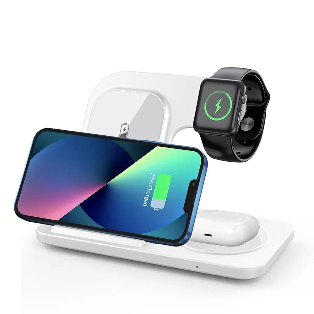 Foldable 15W three in one Qi wireless charger for mobile phone watch and earphones in black or white