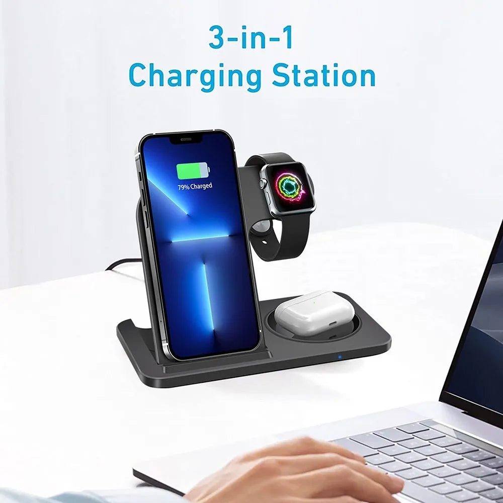Foldable 15W three in one Qi wireless charger for mobile phone watch and earphones in black or white
