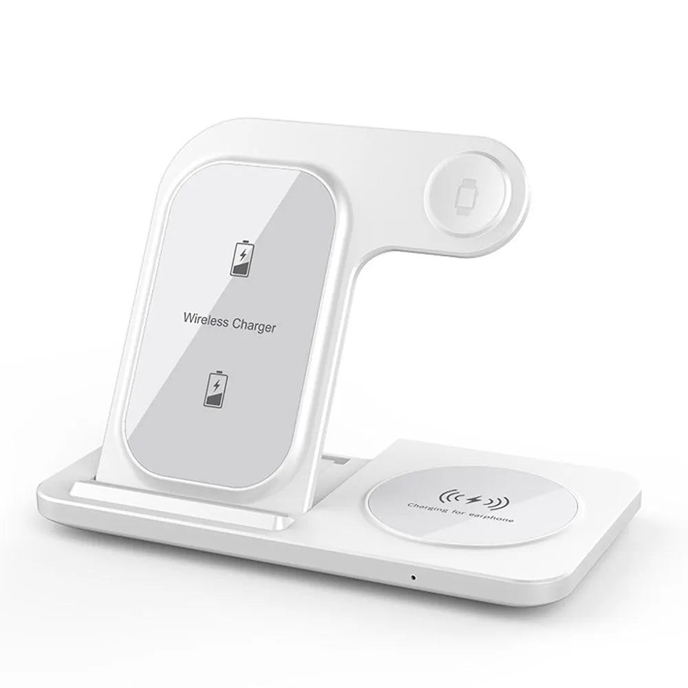 Foldable 15W three in one Qi wireless charger for mobile phone watch and earphones in black or white