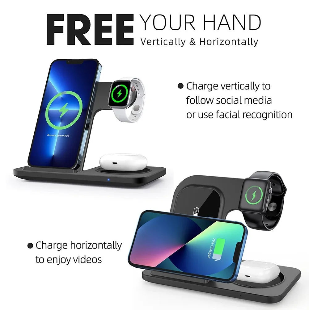 Foldable 15W three in one Qi wireless charger for mobile phone watch and earphones in black or white