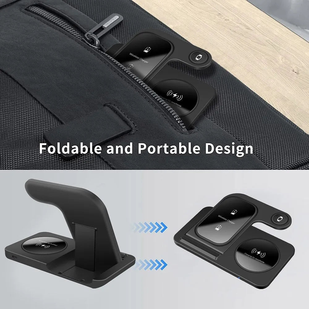 Foldable 15W three in one Qi wireless charger for mobile phone watch and earphones in black or white