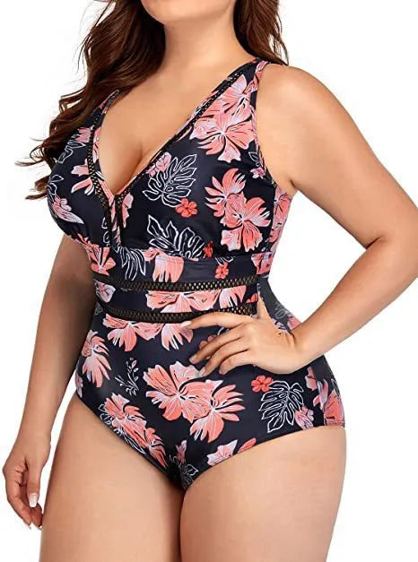 Black printed plus-size women's bikini with mesh stitching, sizes S to 5XL.