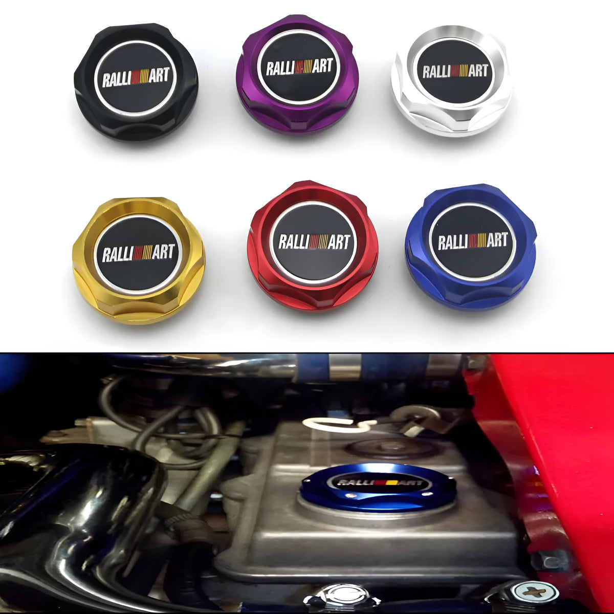 Aluminium alloy oil filter cap for some Mitsubishi models, shown in red, blue, gold, silver, black, and purple.