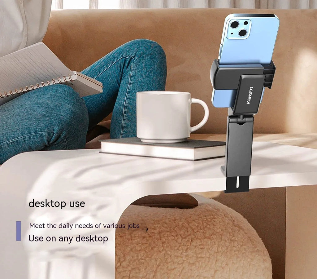 Foldable rotating phone holder in black, showing adjustable head and compact folded position.
