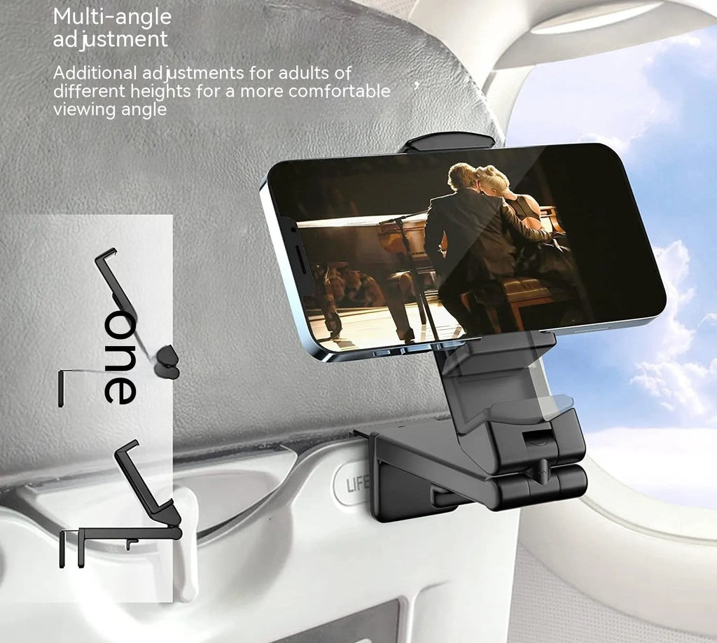 Foldable rotating phone holder in black, showing adjustable head and compact folded position.