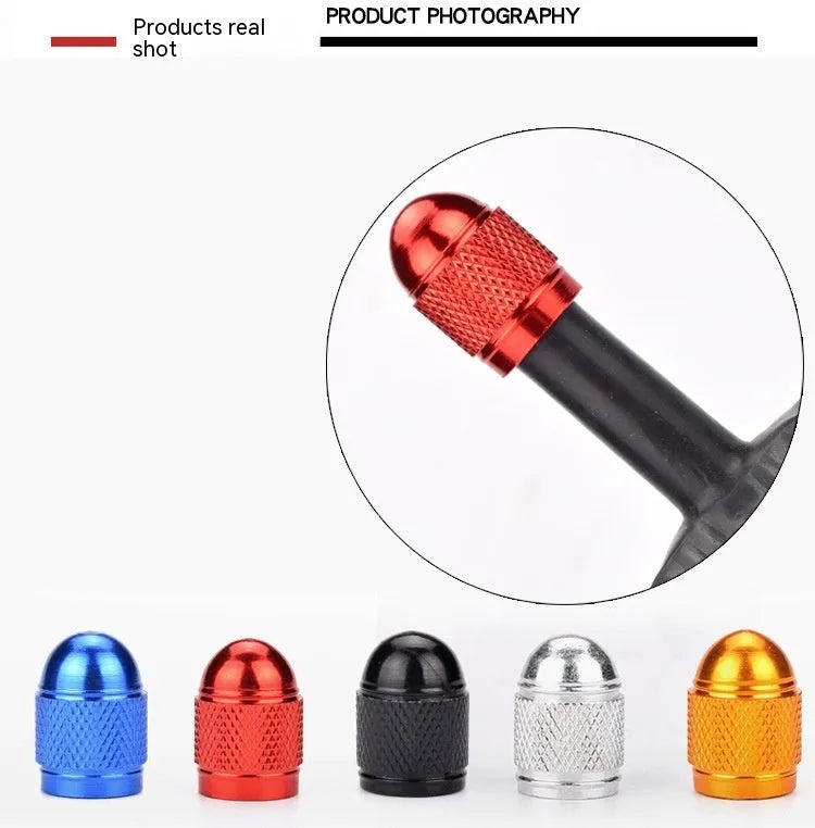 Aluminium alloy mountain bike tyre valve cap in black, blue, gold, red, and silver colours