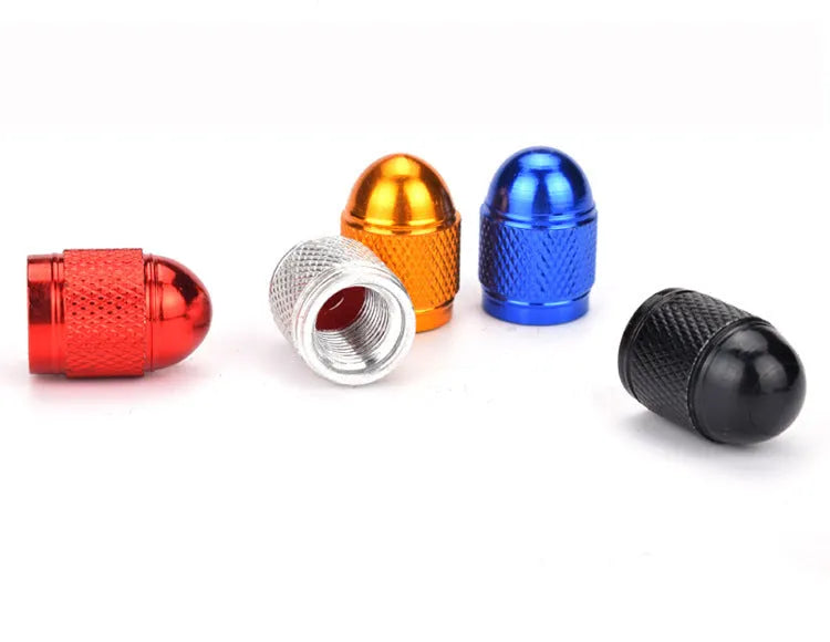Aluminium alloy mountain bike tyre valve cap in black, blue, gold, red, and silver colours
