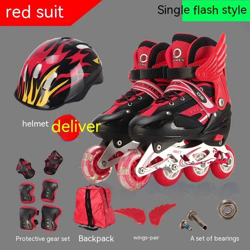 Children's adjustable inline skates with aluminium frame and protective gear set in multiple colours