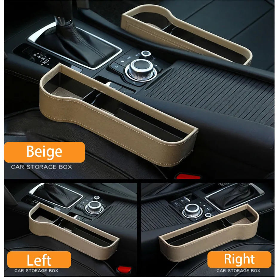 Car storage box in leather and plastic, shown in beige, black, brown, or red with left, right, or one pair options