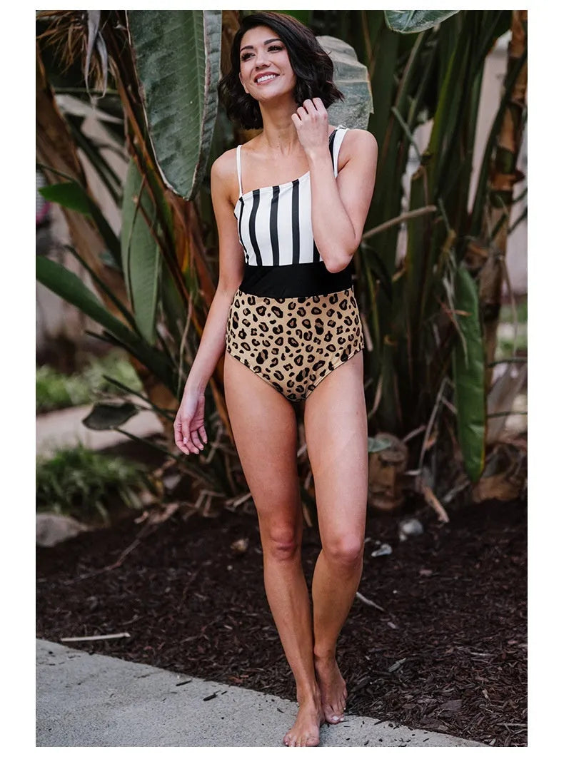 Leopard print one-piece swimsuit for women with asymmetric collar and high-waist triangle cut.
