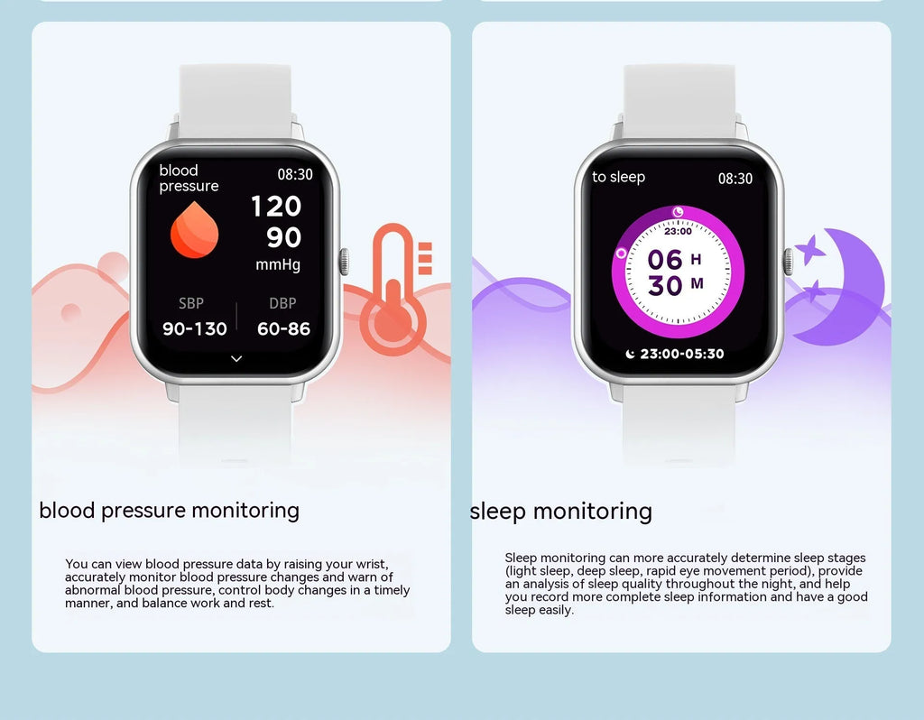 Bluetooth smart watch with touch screen showing heart rate and step count display