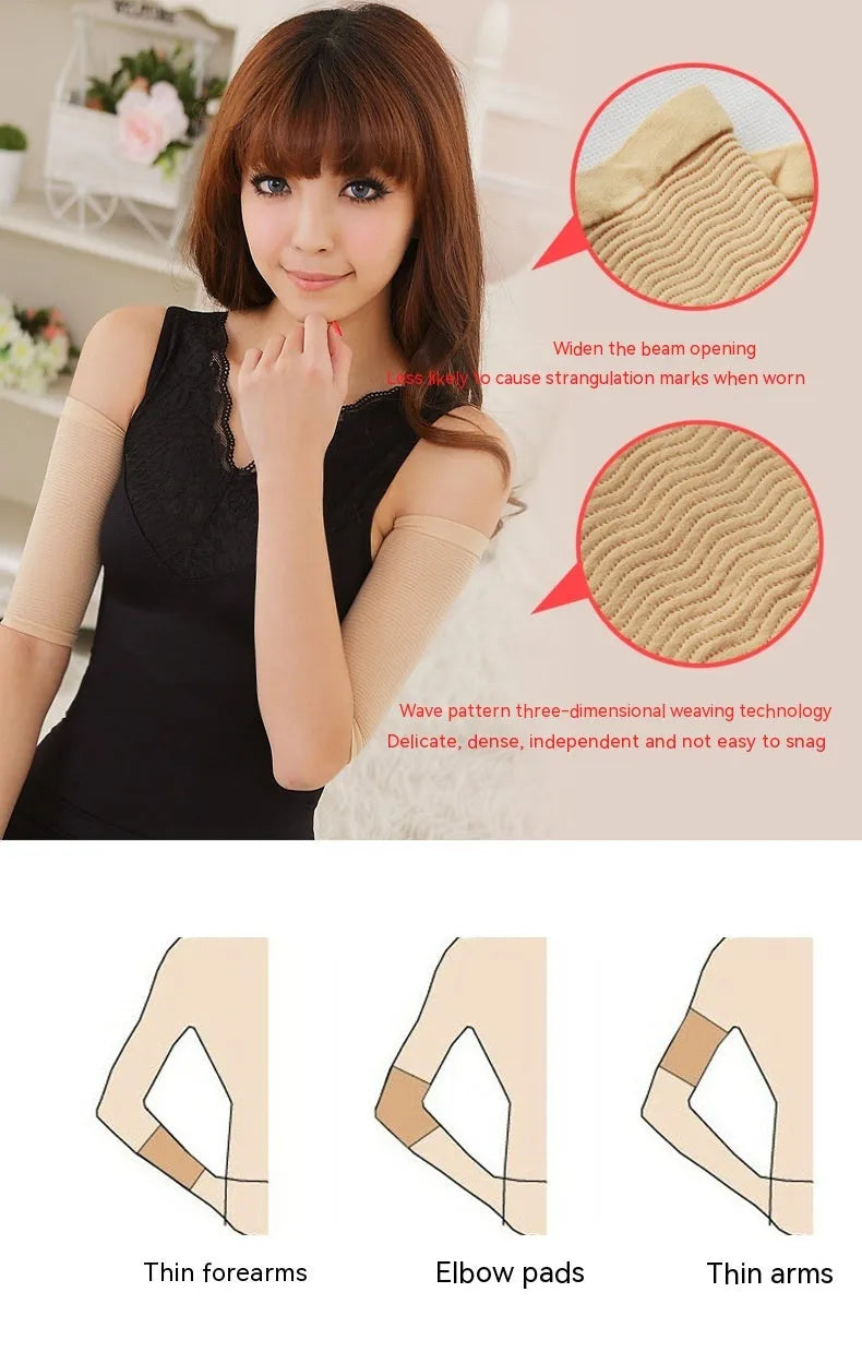 Women's black and skin tone shaping arm sleeves made from nylon fabric for upper arm coverage