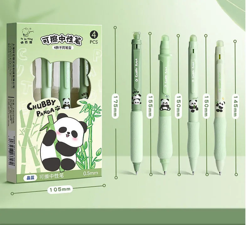 Erasable 0.5mm press gel pen with cartoon designs in black and crystal blue ink colours