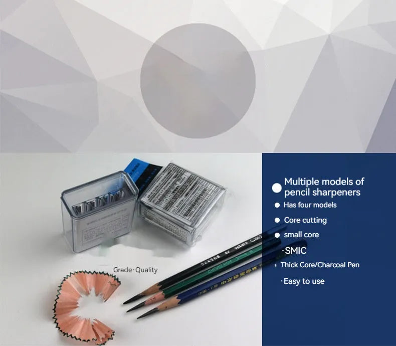 Four-hole plastic pencil sharpener with geometric boxed design and screwdriver