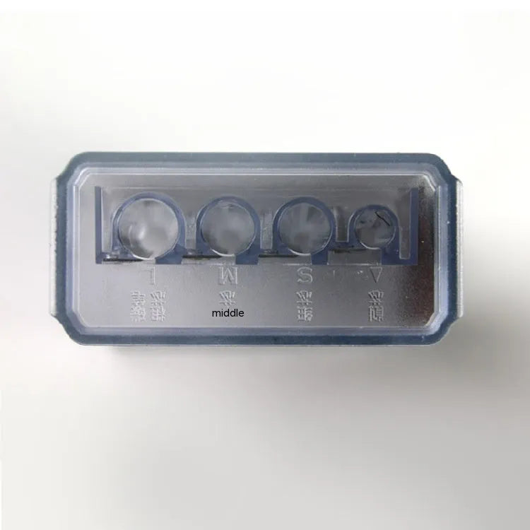 Four-hole plastic pencil sharpener with geometric boxed design and screwdriver