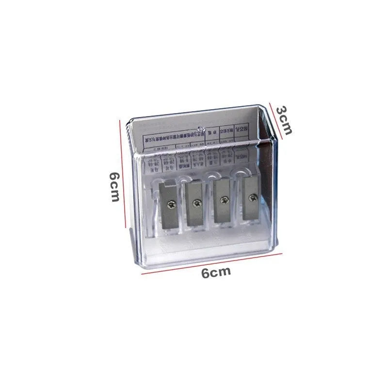 Four-hole plastic pencil sharpener with geometric boxed design and screwdriver