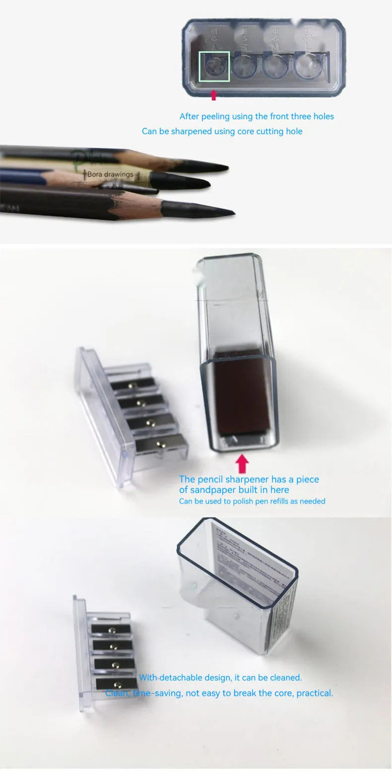 Four-hole plastic pencil sharpener with geometric boxed design and screwdriver