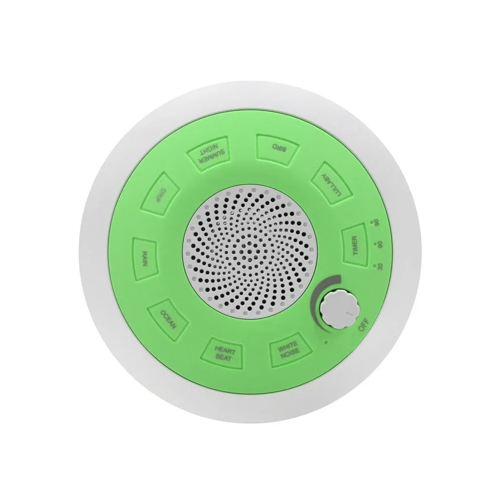 Rechargeable white noise sleep aid instrument in blue or green flying saucer design with music function